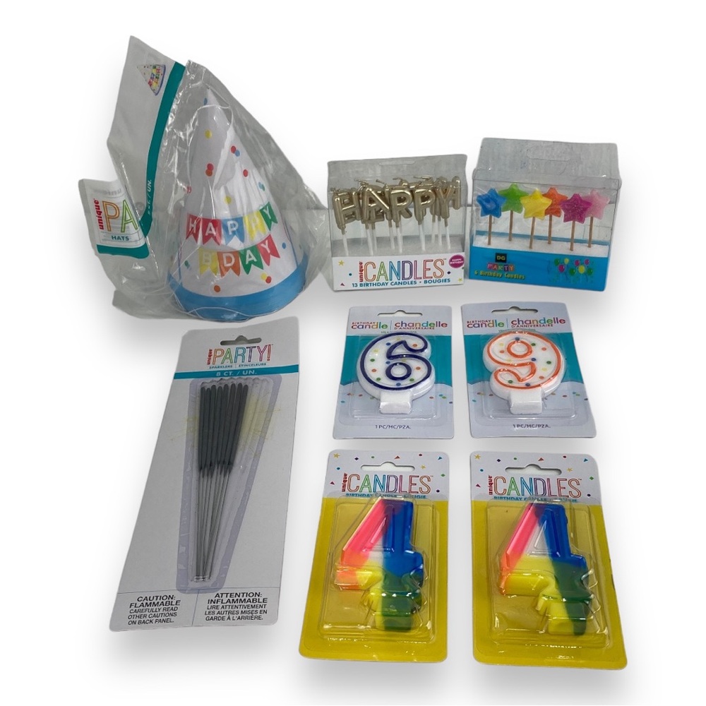 NWT Unique Party Party Supply lot Birthday party hats birthday candles sparklers